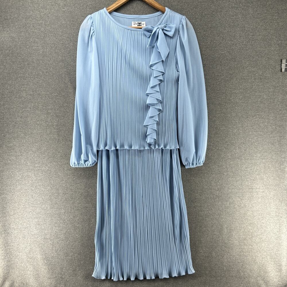 VTG Discovery Fashions Size 10 Dress Lt Blue Long Sleeve Pleated Ruffle Sheer
